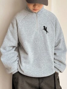 SHEIN Little Byeori 男童休闲宽松立领卫衣，适合通勤、上学、日常休闲穿着、运动以及秋冬季节穿着。 - 灰色 - 查看 6