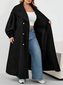 SHEIN CURVE+ Plus Size Women's Black Long Windbreaker, Black Long Sleeve Minimalist Casual Everyday Jacket Plus Size Trench Coat 8xl Women Coat Curve Trench Coat Plus Size Fall Coat,Fall Clothes For Womenfall Clothes For Women,Winter,CURVE PLUS Autumn - Black - View 10