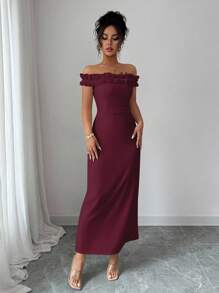 Elenzga Elegant Ruffle Off Shoulder Waist Cinched Romantic Dress For Women - Burgundy - View 4