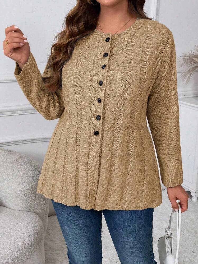 Cárdigan de punto casual de cuello redondo, manga larga y abotonadura sencilla, talla grande y unicolor - Marrón - Añade 4
