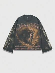 ROMWE MEN Street Life Men's Street Graphic Print Pullover Tee, Suitable For Casual Wear, Spring/Summer, Fall, 2000s Style