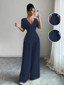 Elenzga Bộ 2 món áo cánh tay ngắn buộc dây cổ chữ V chéo kiểu Pháp màu kem vải lanh dành cho nữ ngày 4 tháng 7 và quần ống rộng cạp cao dáng rộng, thoải mái và tôn dáng, phong cách đồng quê Hàn Quốc mới - Màu xanh hải quân - Xem 6