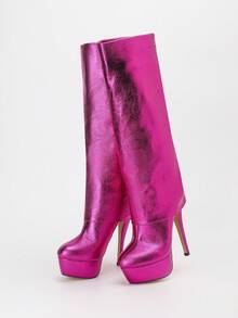 CUCCOO LuxiPop 女士性感时尚过膝长靴，厚底厚底高跟一脚蹬靴，洋红色，适合万圣节、圣诞节、派对、夜总会，粉色 - 玫紅色 - 查看 3