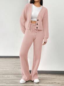 SHEIN EZwear 秋冬女装休闲纯色长袖针织开衫两件套，秋季针织两件套2件套休闲套装女 - 藕粉色 - 查看 6