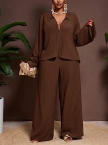 Veslaya 2025 New Spring/Fall Solid Color Jam Color V-Neck Solid Shirt With Flared Sleeves And Wide Leg Pants Set,Fall Clothes For Women - Brown - View 4