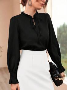 Modelyn Burgundy Red Women's Casual Solid Color Ruffled Sleeve Blouse, Spring And Autumn Fall Cloth For Women - Black - View 6