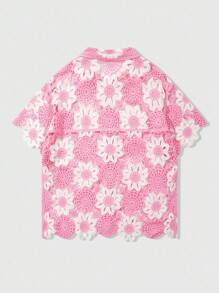 ROMWE MEN Street Life Men's Colorblock Water-Soluble Short Sleeve Casual Cardigan - Pink - View 2