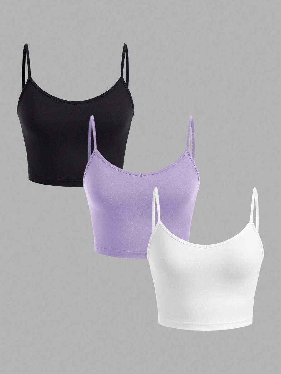 SHEIN EZwear Bộ 3 áo hai dây bó sát màu đen, tím, trắng dành cho nữ, thích hợp mặc vào mùa hè - Nhiều màu - Xem 1