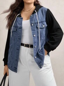 SHEIN LUNE Plus Size Two Tone Denim Jacket With Hood Winter Fall Autumn Black - Baby Blue - View 8