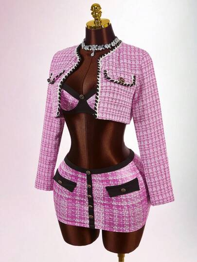 Amplova 女士格子短款吊带背心、撞色迷你裙和夹克三件套粉色三件套女士优雅粉色粗花呢套装