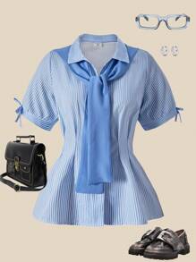 SHEIN Explorewe Teen Girl Turndown Collar Button Puff Sleeve Casual Fashion Shawl Collar Blouse Blue Striped Shirt Girls Preppy Blue Shirt