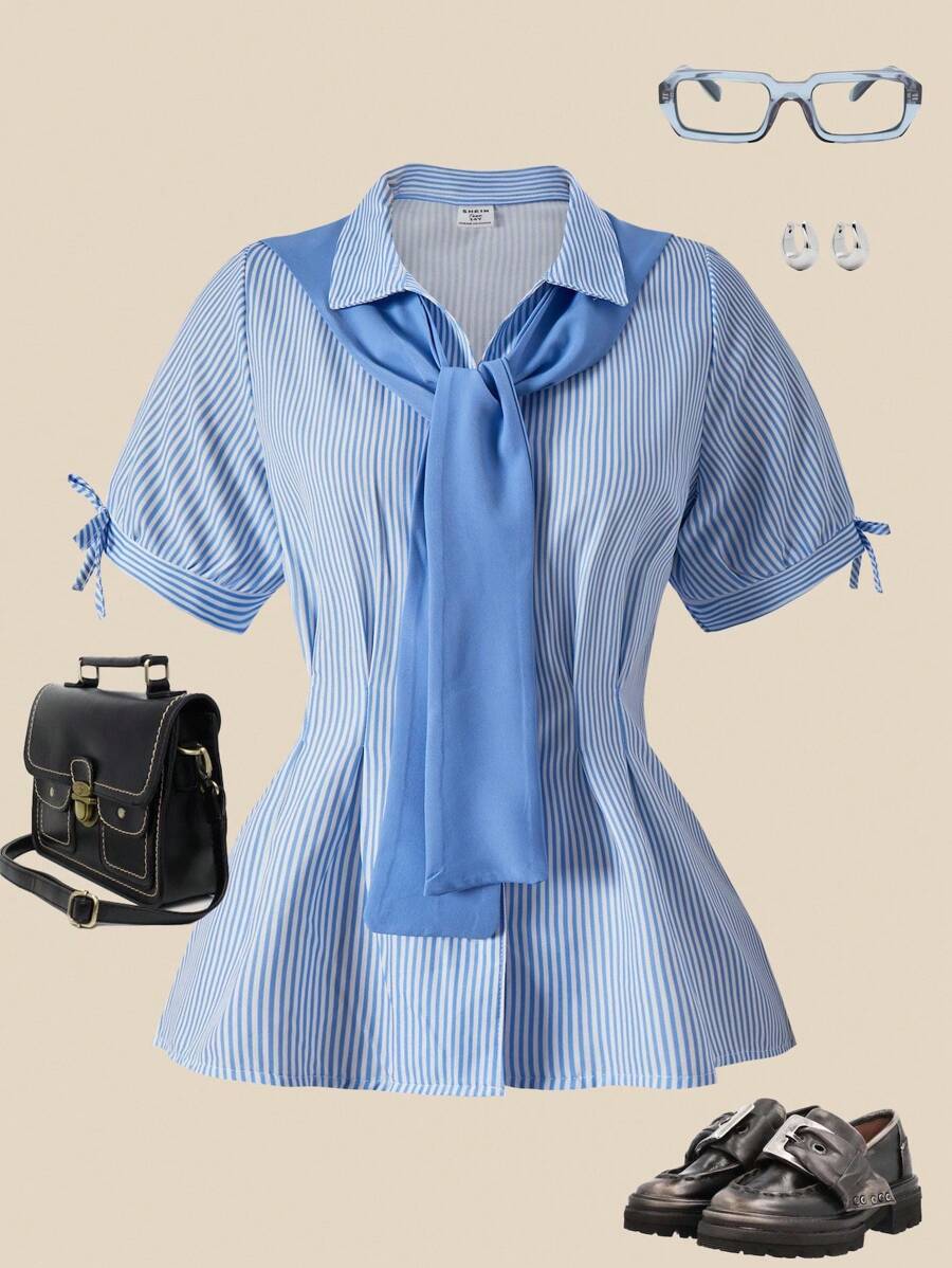 SHEIN Explorewe Teen Girl Turndown Collar Button Puff Sleeve Casual Fashion Shawl Collar Blouse Blue Striped Shirt Girls Preppy Blue Shirt