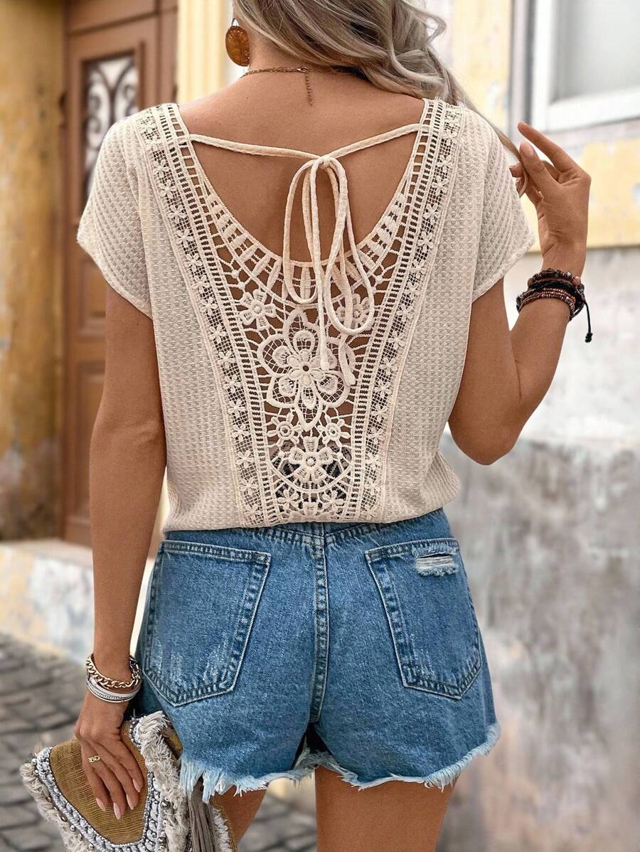 Brillora Summer Knot Front Flower Embroidered Panel Back V-Neck Summer T-Shirt - Apricot - View 1