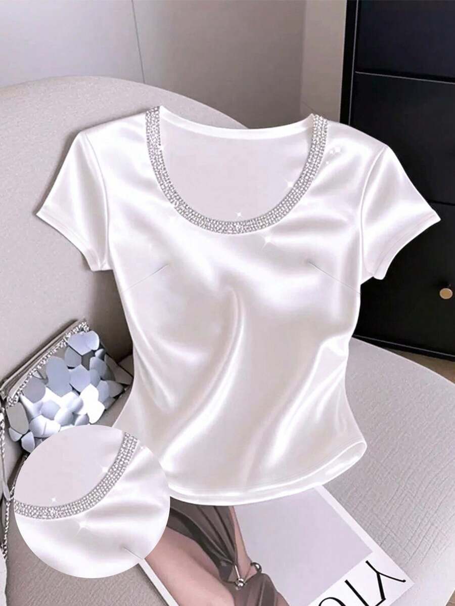 SHEIN Women's Rhinestone Decor Round Neck Casual Versatile Short Sleeve T-Shirt, Summer - White - View 1