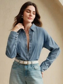 Anewsta 时尚女士珍珠刺绣蓝色牛仔衬衫 - 藍色 - 查看 6