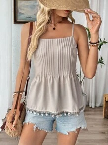 Breezaya Áo hai dây xếp ly ren trơn không tay mùa hè cho nữ - Màu be - Xem 1