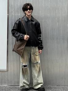 DAZY Teen Boy Padded Coat, Fall Leather Jacket - Black - View 2