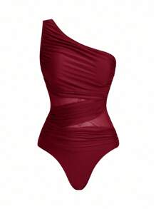 Swim Oasis 1 Piece Women Solid Color Ruched One-Piece Swimsuit With Cover-Up And Sarong Skirt For Summer Beach Vacation - Burgundy - View 7