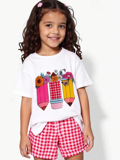 SHEIN Conjunto de 2 piezas de top de manga corta blanco con estampado de dibujo de lápiz y cómoda camiseta corta a cuadros, moda para primavera y verano, para niña (pequeño)