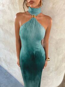 Aloruh 女士优雅性感蓝绿色渐变金属扣装饰镂空紧身弹力连衣裙，优雅约会，渐变色连衣裙，适合秋冬、派对、秋季女装 - 白色 - 查看 4