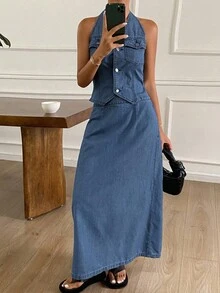 DAZY Conjunto de chaleco de escote en V y falda de mezclilla estilo occidental para mujer, para verano - Azul lavado oscuro - Ver 1