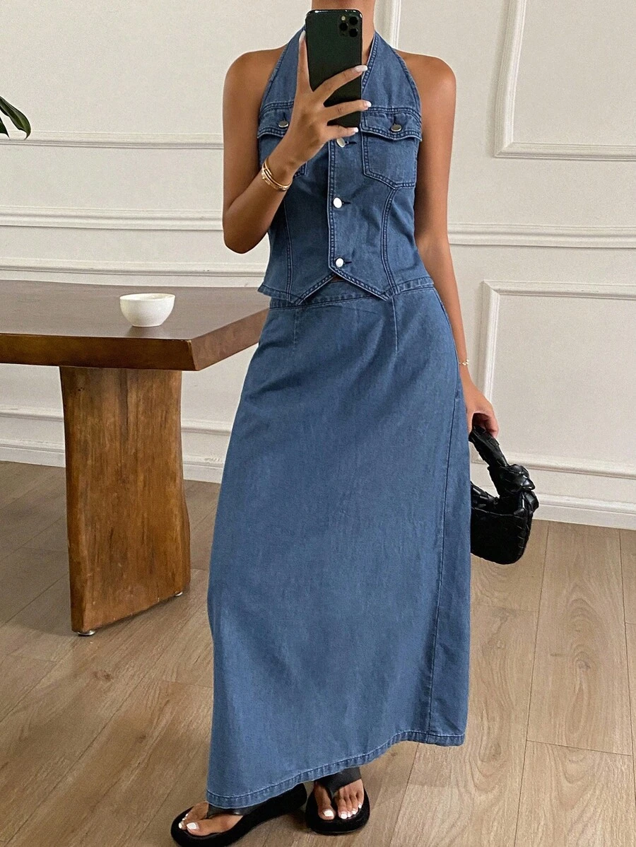 DAZY Conjunto de chaleco de escote en V y falda de mezclilla estilo occidental para mujer, para verano - Azul lavado oscuro - Ver 1