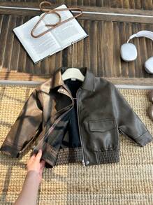 SHEIN Kids/Young Boy Casual Everyday Versatile Comfortable PU Collar Patch Pocket Loose Woven Thick Motorcycle Jacket, Suitable For School, Garden, Beach, Birthday, Spring, Summer, Fall, Winter - Bronze - View 7