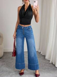 Elenzga Women's Casual Washed Wide Leg Jeans - Blue - View 3