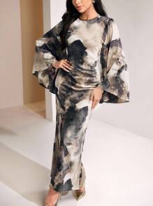 Veilorie 女士优雅扎染印花斗篷袖连衣裙 - 彩色 - 查看 5