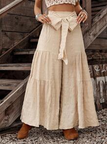 LanaWest 女式宽松纹理面料前部细节后部抽绳设计裤子，卡其色 - 卡其色 - 查看 3