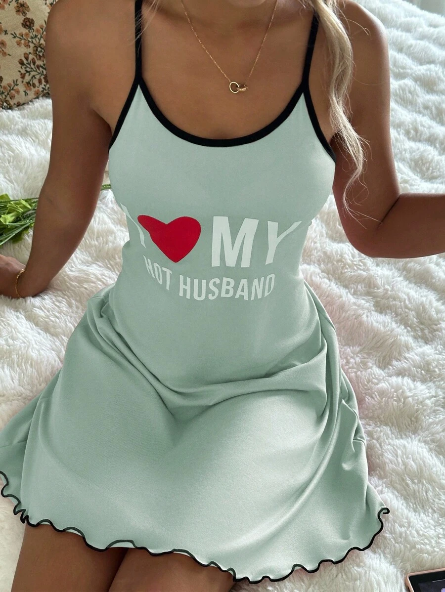 SHEIN Women's Casual Letter Print Camisole Nightgown Back To School I Love My Husband Nightgown Women Nightgown Cute Nightgown Sleep Dress - Green - View 1