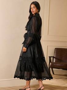 Lilora Váy maxi xếp nếp nhiều lớp ren đen trơn màu cổ điển lãng mạn thanh lịch có nút, thắt eo, nơ, tay áo đèn lồng cho tiệc tùng, mùa xuân/thu - màu đen - Xem 2