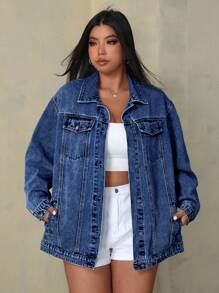 SHEIN EZwear 大码女式蓝色休闲时尚百搭单排扣牛仔夹克 - 深色水洗藍 - 查看 1