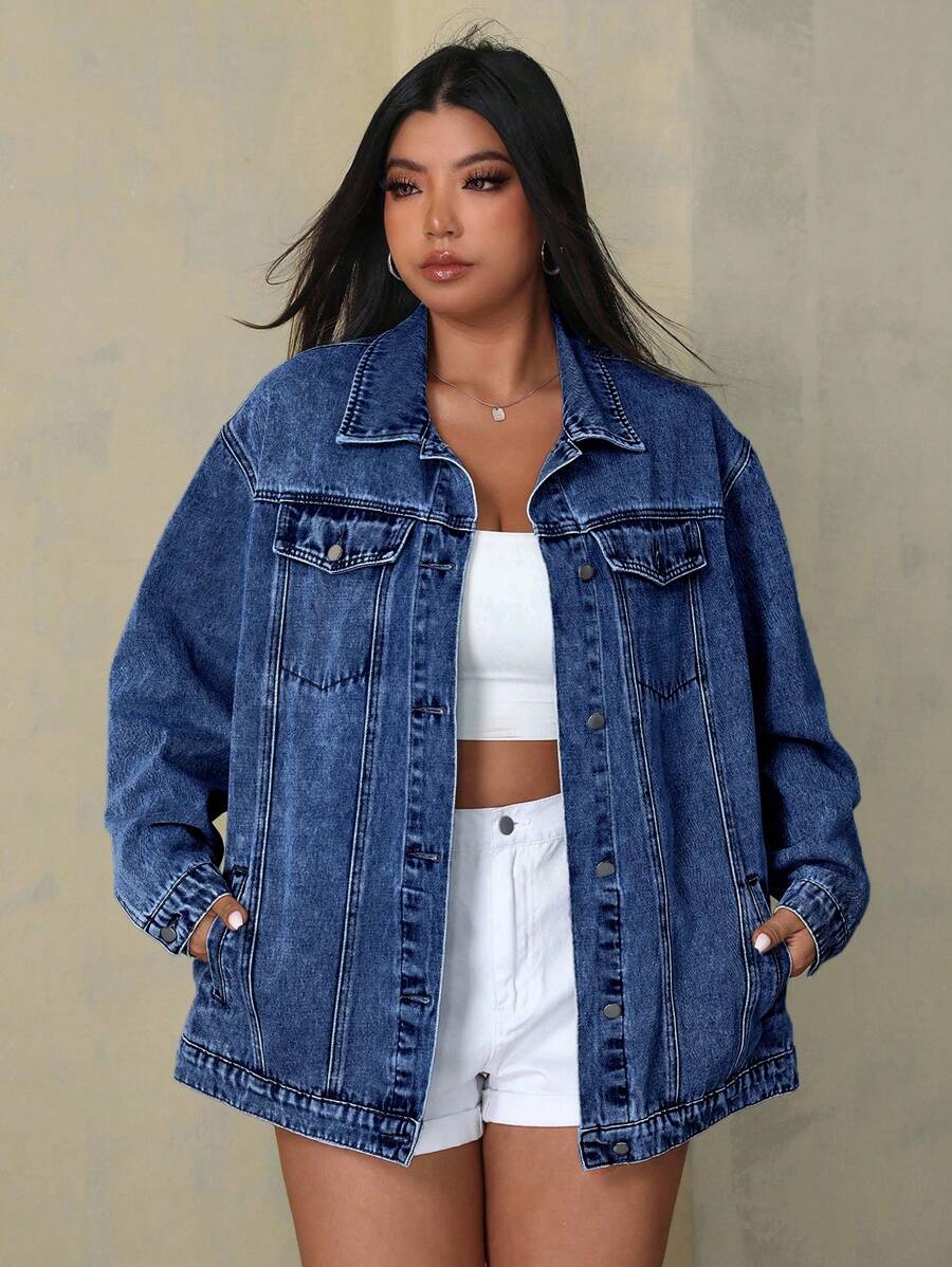 SHEIN EZwear 大码女式蓝色休闲时尚百搭单排扣牛仔夹克 - 深色水洗藍 - 查看 1