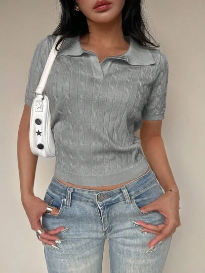 Flirla 女式休闲纯色马球领扭纹针织上衣