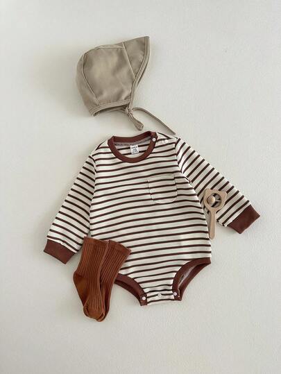 SHEIN Body pour bébé garçon, col rond, manches longues, marron et blanc, style décontracté et modeste, adapté pour l'automne/l'hiver, polyvalent pour les sorties et l'usage quotidien
