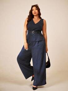 Elaquor 大码条纹印花V领背心和阔腿裤休闲两件套 - 藏蓝色 - 查看 3
