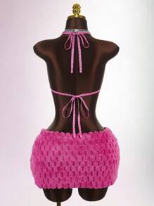 Amplova 女式性感毛茸茸吊带上衣和开衩迷你裙两件套 - 粉色 - 查看 2