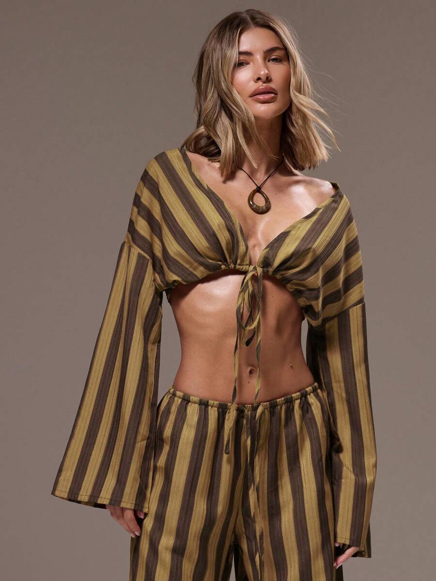 MUSERA 女士条纹系带长袖上衣，夏季度假海滩伊比沙岛春季款 - 棕色 - 查看 1