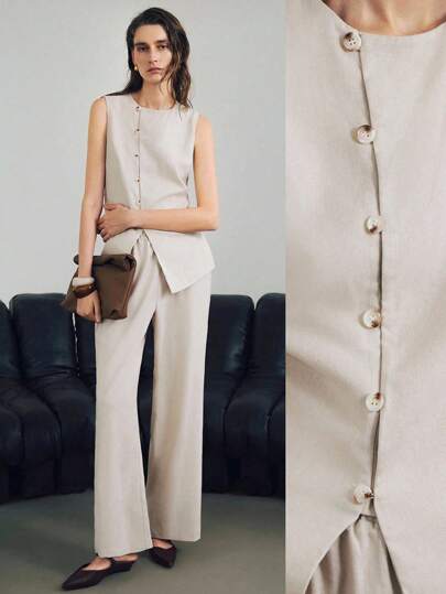  Uhlyne 女士亚麻不对称下摆纽扣前开衫，度假风格纯色休闲上衣搭配裤子套装，米色，自然色，秋季，极简主义，工作服，教师服，返校，秋季，中性服装，商务休闲，老钱风格