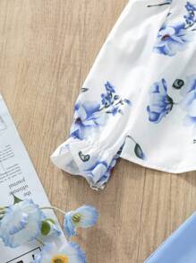 SHEIN Young Girl Floral Blouse & Button Detailed Pants - Multicolor - View 3