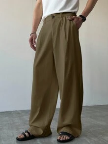 Claim Dot 男士休闲日常宽松裤，带折叠和褶皱设计，秋季 - 棕色 - 查看 3