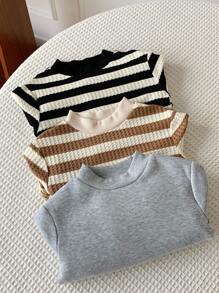 3 件套幼儿男孩/女孩加厚条纹纯色圆领运动衫，舒适休闲基本日常服装，适合室内、户外、日常穿着、运动、派对、拍照、节日、街头服饰、运动服、返校、圣诞节、新年