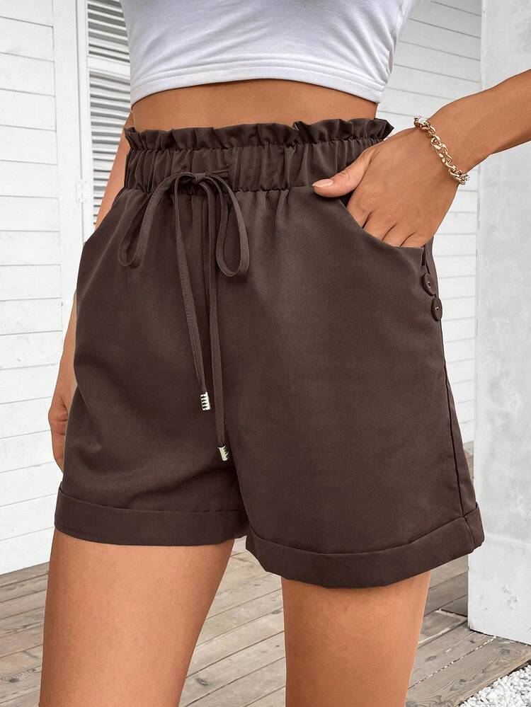 SHEIN LUNE Women's Solid Color Elastic Waist Drawstring Casual Shorts With Pockets, Versatile - Coffee Brown - View 5