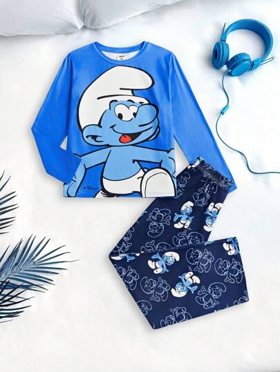 SHEIN X The Smurfs 2pcs Tween Boy Cartoon Sports Casual Blue Cute Cartoon Print Long Sleeve T-Shirt And Pants Pajama Set, Suitable For Autumn/Winter Fall