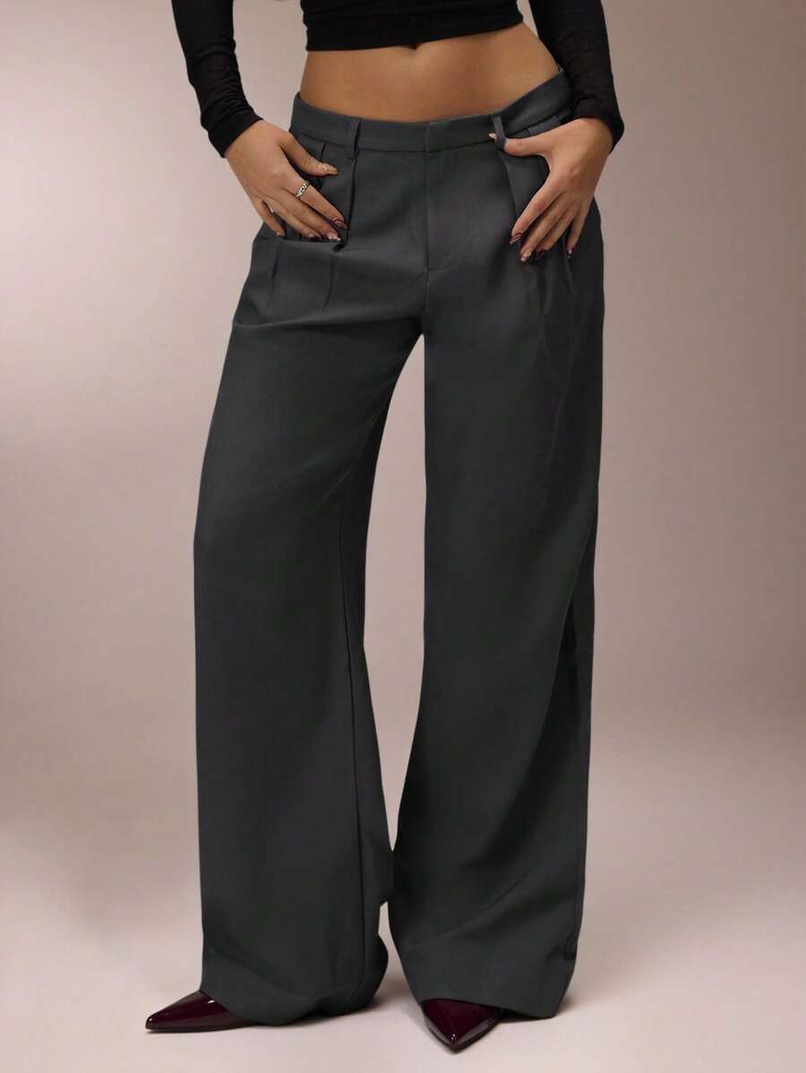 SHEIN Forever 21 夏季新款宽松高腰舒适阔腿女裤 - 灰色 - 查看 1