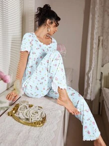 FloralLove 蝴蝶结装饰花卉印花纹理针织女士睡衣套装 2 件套睡衣套装女士女士睡衣套装女士睡衣套装女士花卉睡衣套装女士睡衣套装 - 藍色 - 查看 3