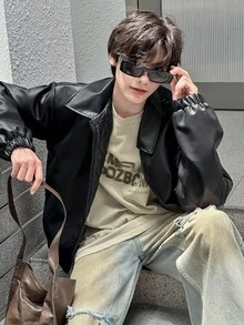 DAZY Teen Boy Padded Coat, Fall Leather Jacket - Black - View 5