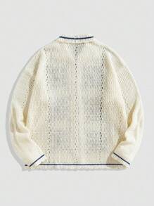 ROMWE MEN Casual Áo len cardigan dệt kim dài tay họa tiết thêu cho nam - Màu be - Xem 3