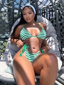 Alexandranx Women's Summer Beach Striped Halter Tie Sexy Bikini Swimsuit Set - Green - View 4